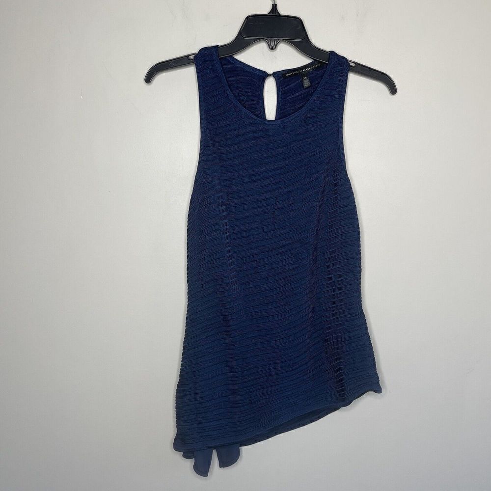 WHITE HOUSE BLACK MARKET Top Womens XS Blue Knit Sleeveless Layered Asymmetric